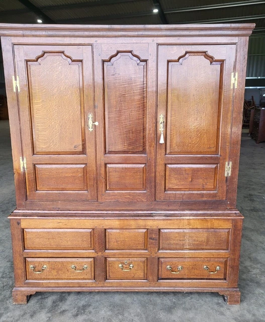 Antique 18thC Solid Oak Triple Panelled Armoire Wardrobe Cupboard 3 Drawers