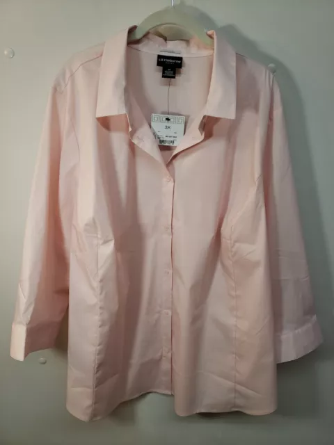 NWT Liz Claiborne Sz 3X  Women Stretch Short Sleeve Button Up Pink Top