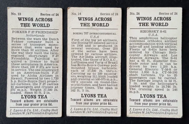 Three Lyons Tea cards - "Wings across the World" series, cards 13, 14 & 24.