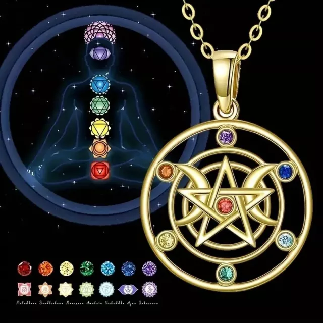 7 Chakra Kette Dreifachmond Göttin Glückskette Halskette 7 Energie Farben G14