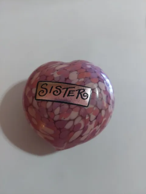 Mad Art 2002 Art Glass Pink/Purple "SISTER" Heart Shaped Paperweight