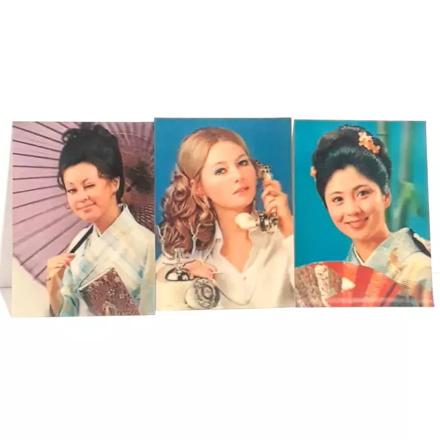 VTG 70s Lenticular Postcards Toppan Lot of 3, Winking Geisha Lady Japan Ephemera