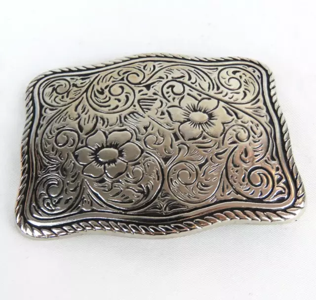 Belt Buckle Western Flower Swirl Design Ornate Rope Edge Silver Tone Made in USA