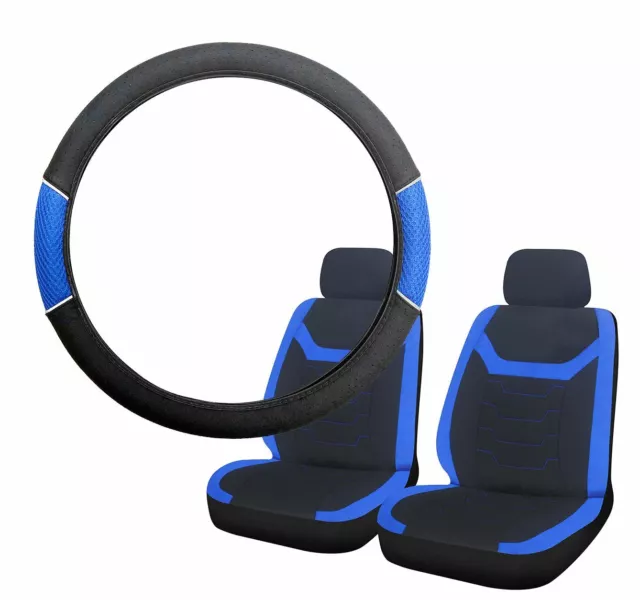 Blue & Black Steering Wheel & Front Seat Cover set for Fiat Doblo All Years