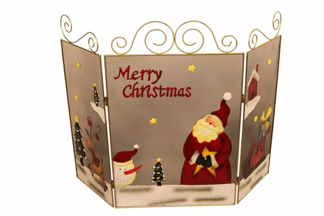 Large Decorative Merry Christmas Metal Fire Guard With Father Christmas