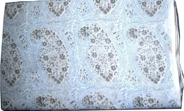 Indien 4.6m Main Bloc Imprimé Blanc et Bleu Floral Coton