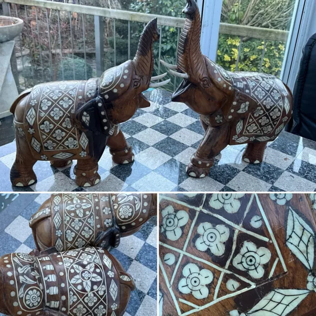 Rare ANTIQUE PAIR C1900 Anglo-Indian Hand Carved Rosewood INLAID ELEPHANTS