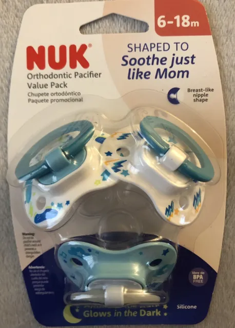 New Nuk Orthodontic Pacifiers, Blue, 6-18 M, 3-Pack, Glow In The Dark, BPA Free