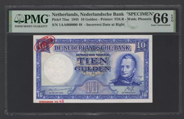 Netherlands 10 Gulden 1945 P75as "Specimen" Uncirculated Grade 66 Top Pop