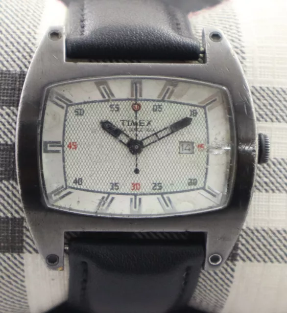 Casual TIMEX Men Gray Dial with Date Leather Band Quartz Rectangle Wristwatch