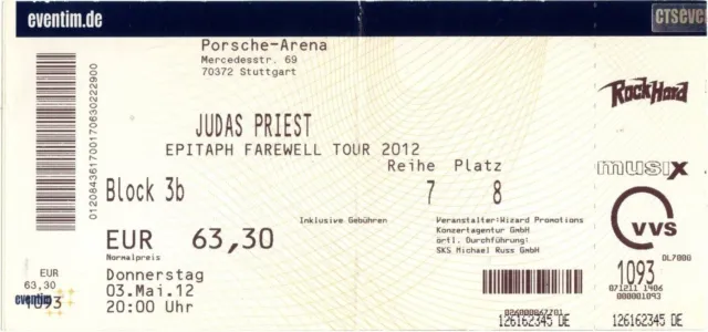 Judas Priest - Epitaph Farewell - Altes Konzert-Ticket Stuttgart vom 03.05.2012