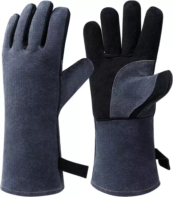 14In/16In Leather Welding Gloves 932℉/500℃ Heat Resistant Oven Mitts BBQ Grill G