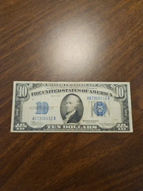1934 $10 Ten Dollar Bill Silver Certificate  Vintage Note Blue Seal A67300012A
