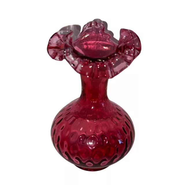 Vintage Fenton Cranberry Dot Optic Ruby Overlay Crimped & Ruffled Vase