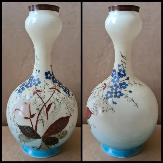 Victorian ? Vtg Opaque Milk Glass Vase Hand Painted Flowers
