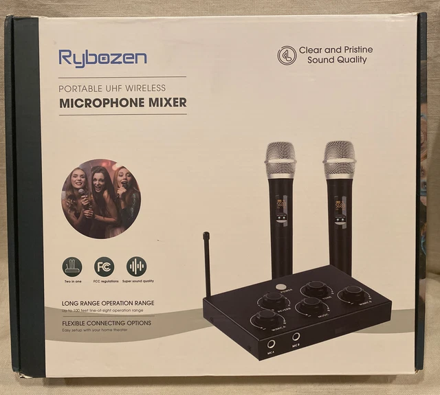 Portable Karaoke Microphone Mixer System Set with Dual UHF Wireless Mic,3.5m~NEW