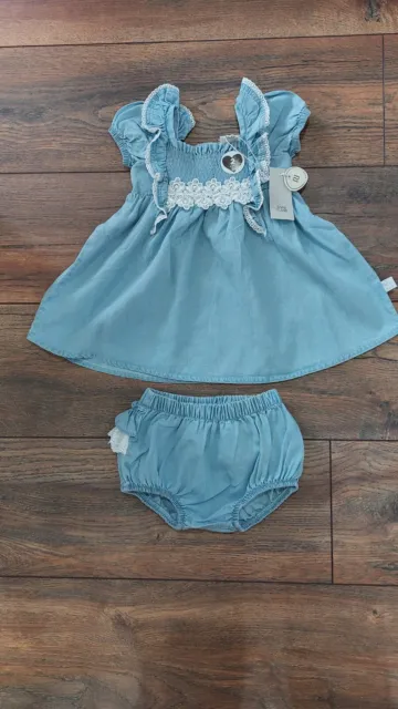 River Island Baby Girl Blue Denim Dress Outfit Matching Bloomer Set Size 3-6...