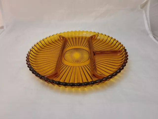 Vtg Indiana Glass Dark Amber Ribbed Glass Divided Round Nut Dish Relish Tray 10"