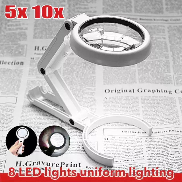 5X 10X Lupe mit 8-LED Licht Desktop Stand Leselupe Vergrößerung Arbeitslupe -