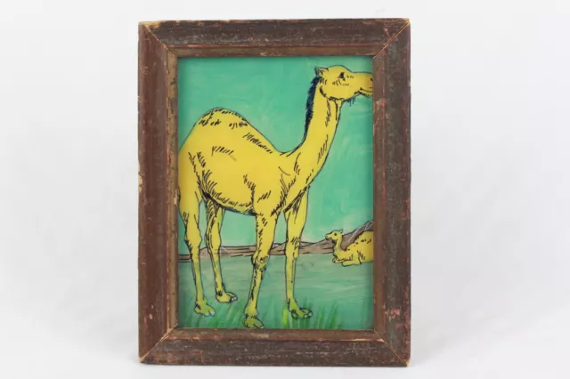 Revers Verre Peinture : Ancien Indien Fait à la Main Miniature Art Camel Paysage