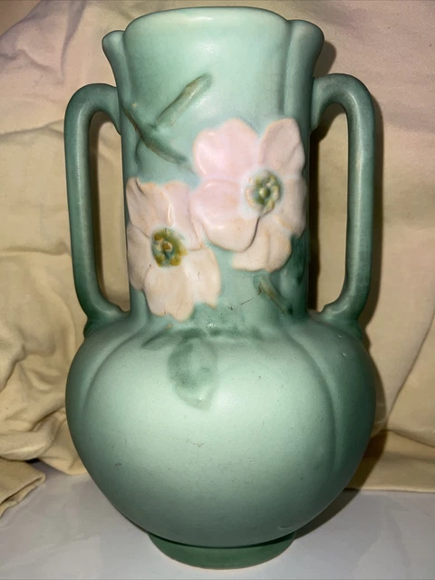 VINTAGE ~ WELLER Art Pottery Vase - Wild Rose Green Matte 2 handles - 6
