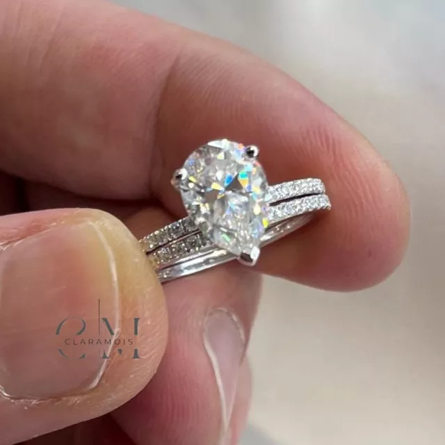 Pear Cut 2.50 Carat Moissanite Bridal Set Engagement Ring Solid 14K White Gold