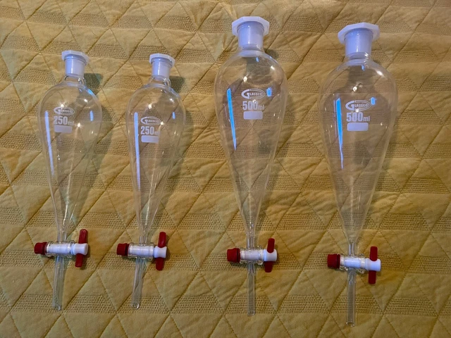 Set of 4 new open boxes Glassco separating funnel (2) 250ml, (2) 500ml