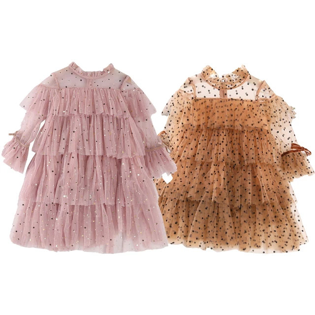 Kids Girls Cotton Dress Long Sleeves Stars Moons Sequins Adorned Mesh Clothing