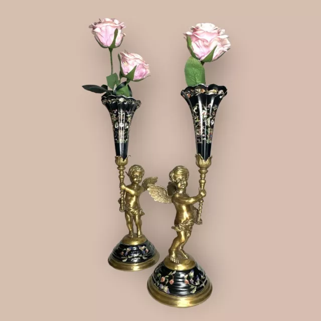 2 Bronce Ángel Con Florero Barroca Estilo Antiguo Negro Oro Porcelana 39cm 2,8kg