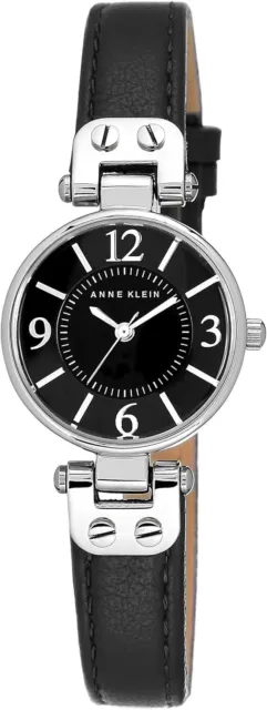 Anne Klein Women's 109443BKBK Silver-Tone Black Dial and Black Leather Strap