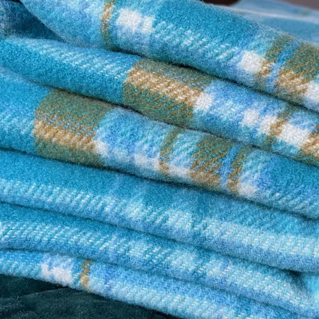 Vintage Check Wool Blanket Turquoise Blue Mustard Brown Single Winter Bedspread