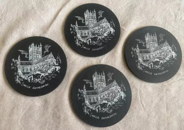 4 No SLATE DRINKS GLASS MUG COASTERS OF WELLS CATHEDRAL WITH RED FELT BASE