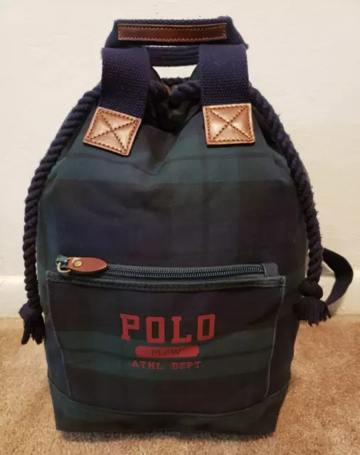 Vintage Polo Ralph Lauren Athl. Dept. Plaid Drawstring Sling Backpack Blue Green