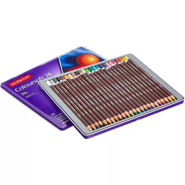 24  Brilliant Colours! Derwent Coloursoft Pencils Tin Set Art Adult Colouring