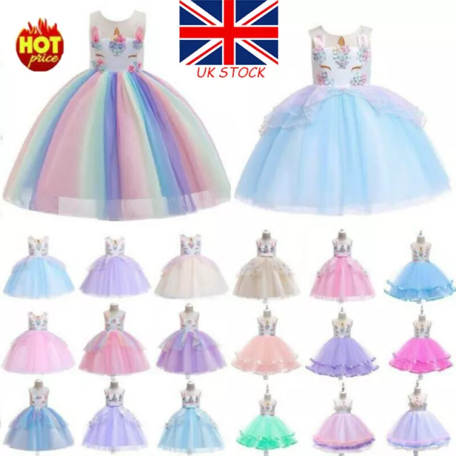 Kids Girls Unicorn Evening Princess Tutu Dress Rainbow Birthday Party Outfits UK