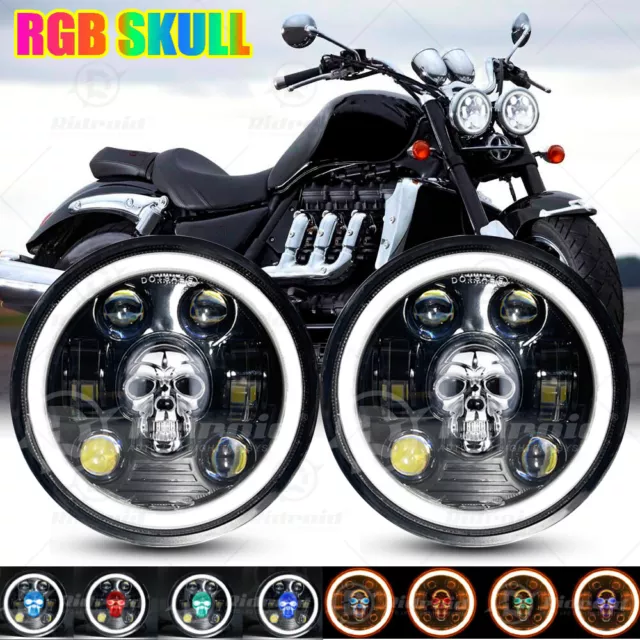 2pcs 5.75" RGB Skull LED Headlights For Triumph Rocket iii3 Street Speed Triple