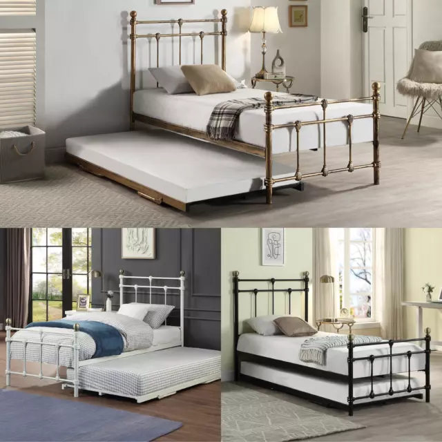 Bayford Traditional Single Metal Bed & Guest Trundle - Black-Brass-White