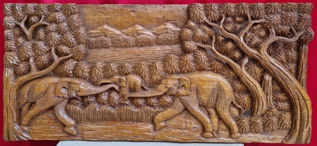 Asia Vintage Pannello Quadro Legno Lavorato Mano Arte Popolare Famiglia Elefanti