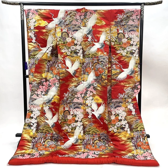 Japanese Kimono Uchikake Luxurious Wedding Embroidery Pure Silk Crane Red K461