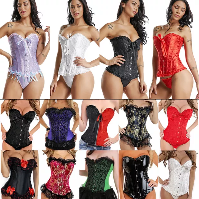 UK Ladies Sexy Overbust Bustier Lace Up Boned Corset Top Burlesque Basque+Thong