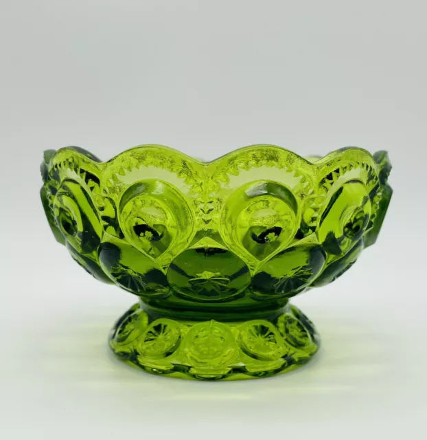 L.E. Smith Bowl Moon & Stars Green Glass Footed Compote Candy Nut