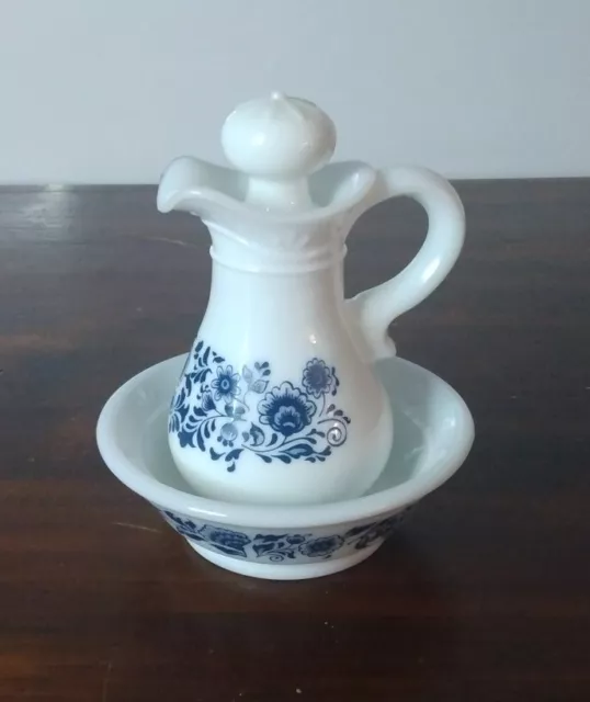 Delft Blue & White Pitcher & Basin Milk Glass Bathroom Set Avon 3 Pieces VTG