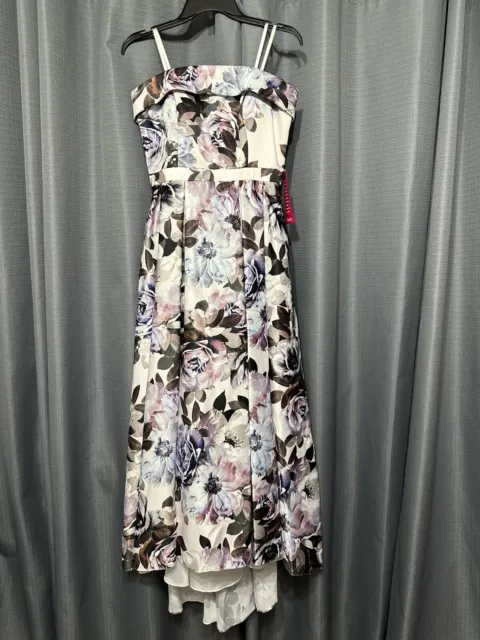 New Xscape Womens Sz 10 White Purple Blue Floral HI-Low Gown Dress Pockets