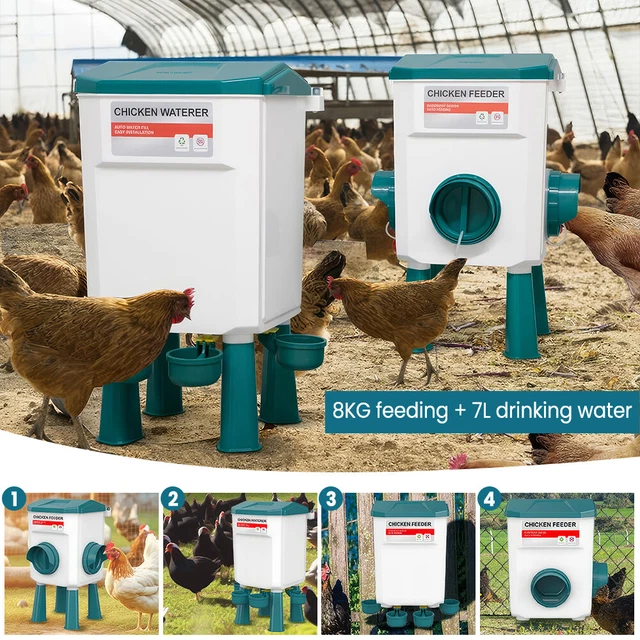 Todeco Futterautomat & Tränke Für Hühner – 8kg Futter, 7L Wasser, Mit Schwimmerventil, Beinen & Aufhängung