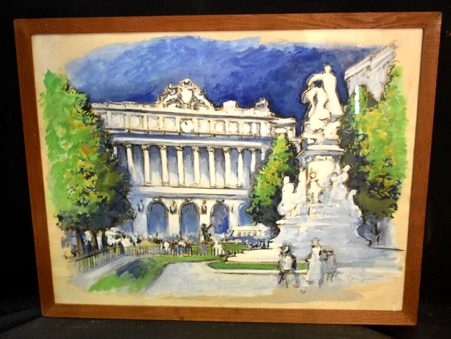 Tableau gouache place animée Paris signé Roux-Dufort XXème