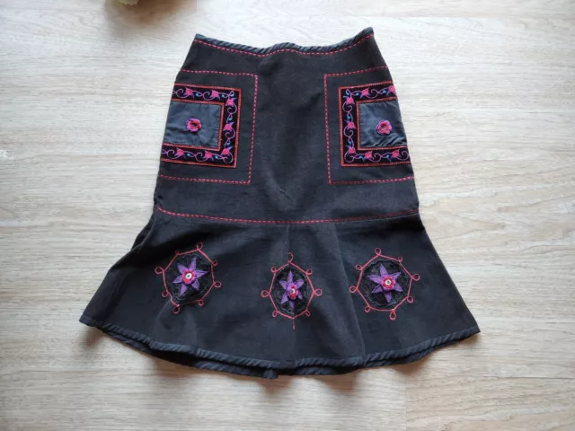 Vintage'90s Y2K Betsey Johnson NYC Embroidered Corduroy A-Line Skirt Black Sz.8