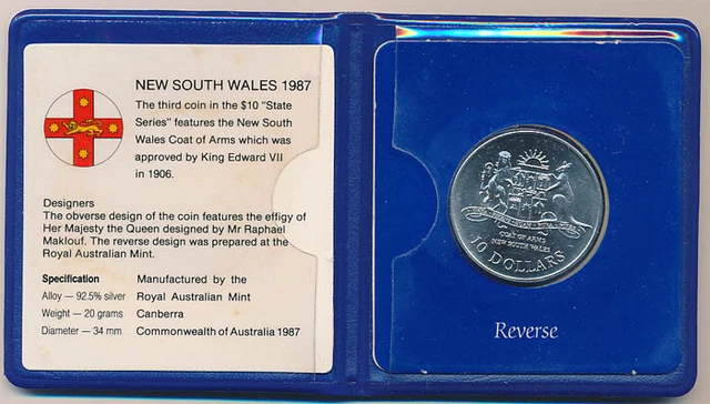 Australia: 1987 $10 New South Wales  Coat of Arms, silver  in RAM Pkg.