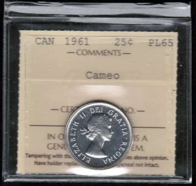 Canada Silver 25 CENTS  1961 Graded ICCS PL65 Cameo - Very Nice coin!