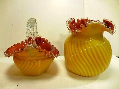 1890s Antique Bohemian Victorian Cased Yellow & Tomato Art Glass Basket & Vase