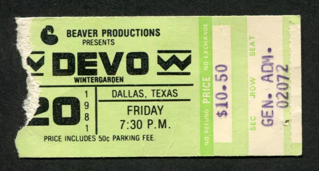 Original 1981 Devo concert ticket stub Dallas TX New Traditionalists Whip It